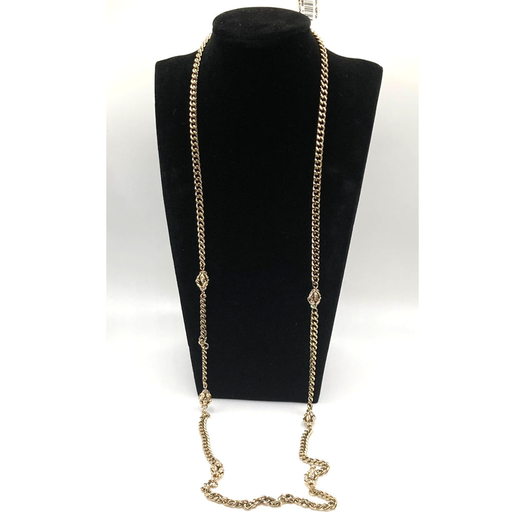 LOFT Gold Tone Vintage Inspired Rhinestone Eggs Station Curb Chain Necklace 32"