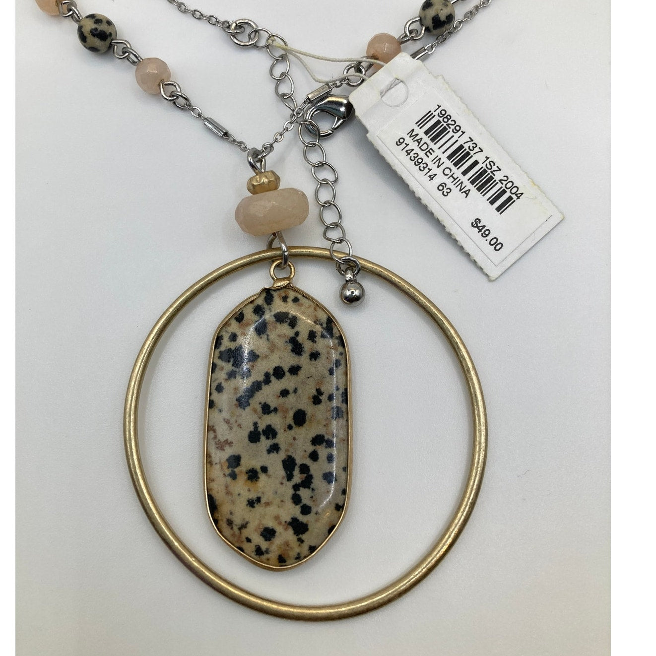 J JILL Dalmation Jasper Stone Pendant Two Tone 31" Long Necklace Beads NEW