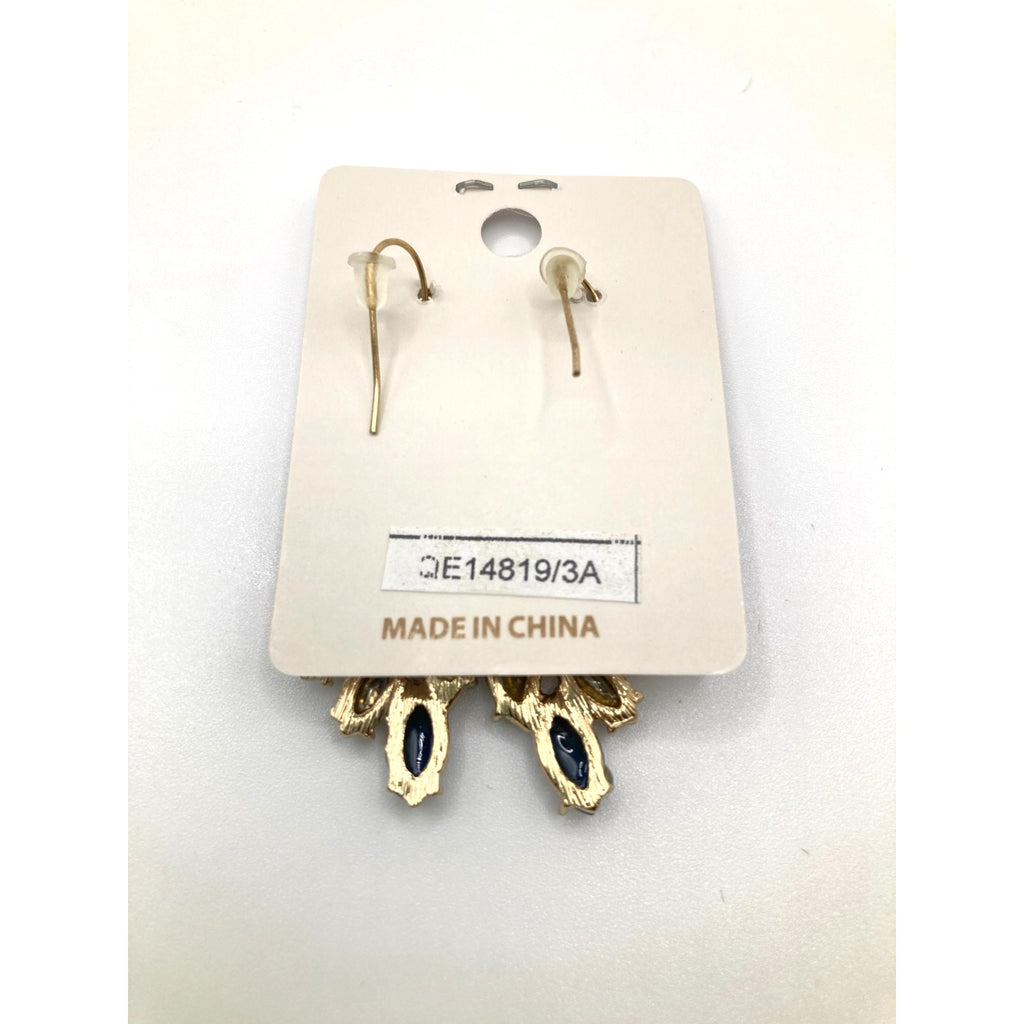 STONY Glamorous Navy Tan Champagne & Clear Crystal Dangle Drop Earrings 2"