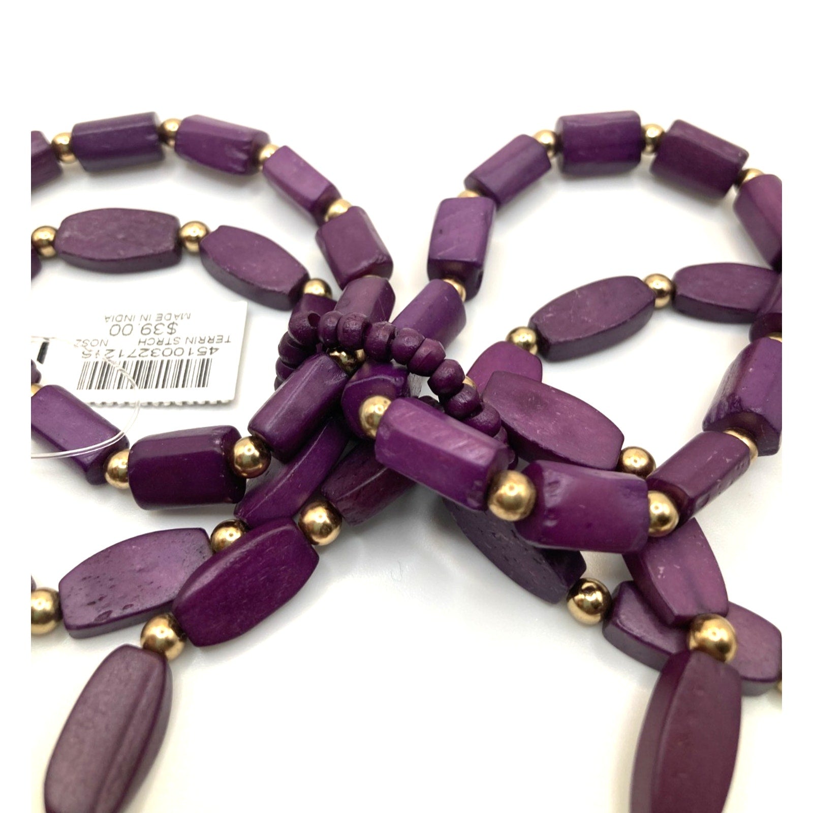 CHICO'S Purple Dyed Wooden Beads w/ Gold Tone Bead Accents Stretch Bracelet