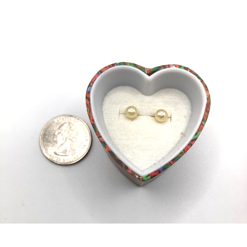 Polished Faux Pearls Small Stud Earrings in 80's themed Retro Heart Shaped Box