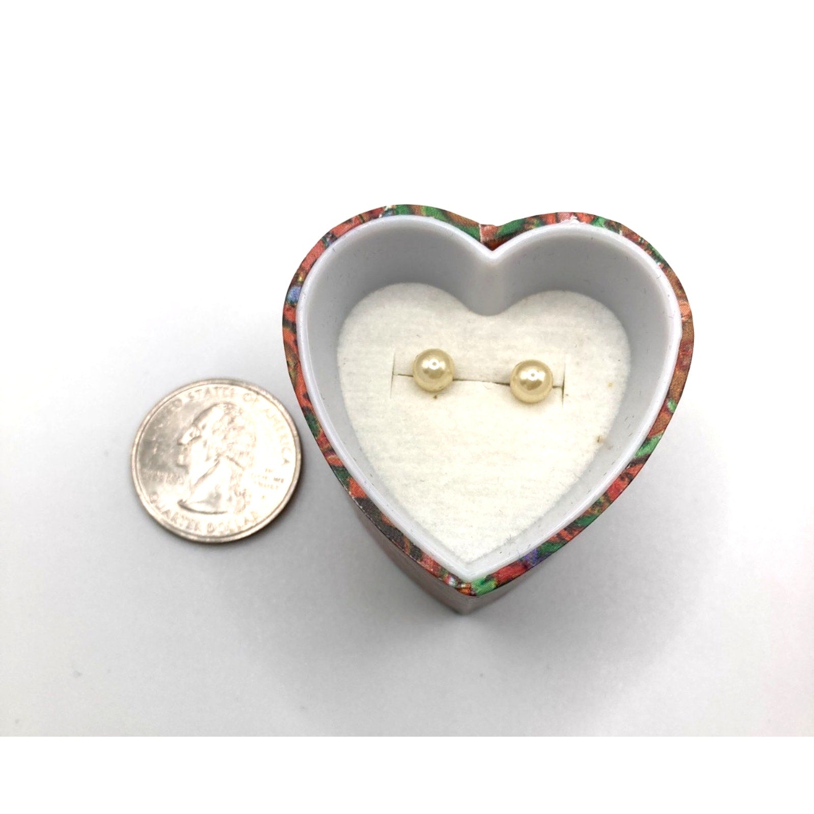 Polished Faux Pearls Small Stud Earrings in 80's themed Retro Heart Shaped Box