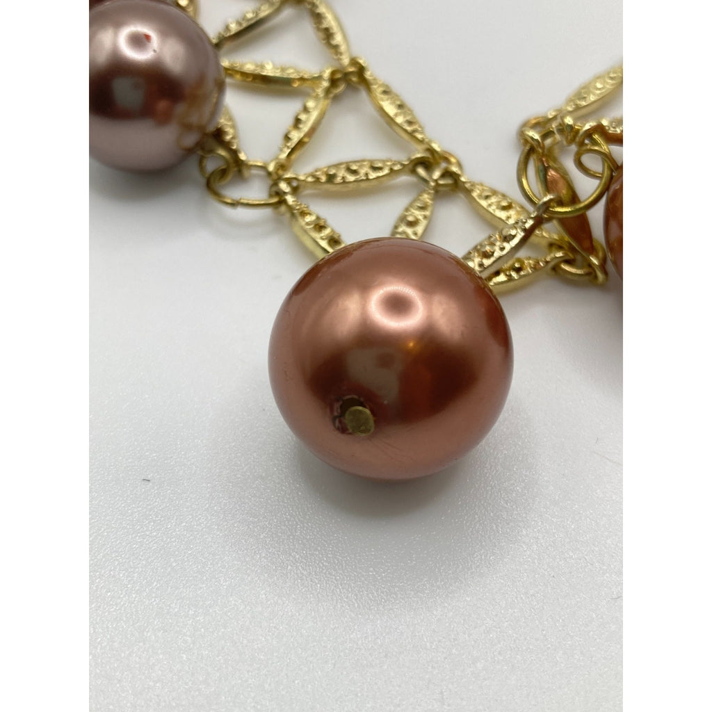STONY Textured Gold Tone Faux Mauve Pearl Triangle Bib Statement Necklace NEW