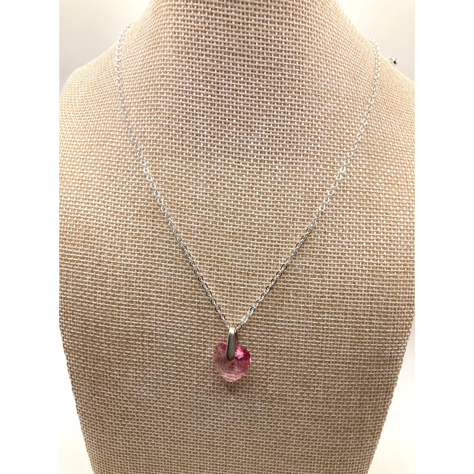 Pink Heart Crystal Rhodium Overlay 18" Necklace Made with SWAROVSKI Elements