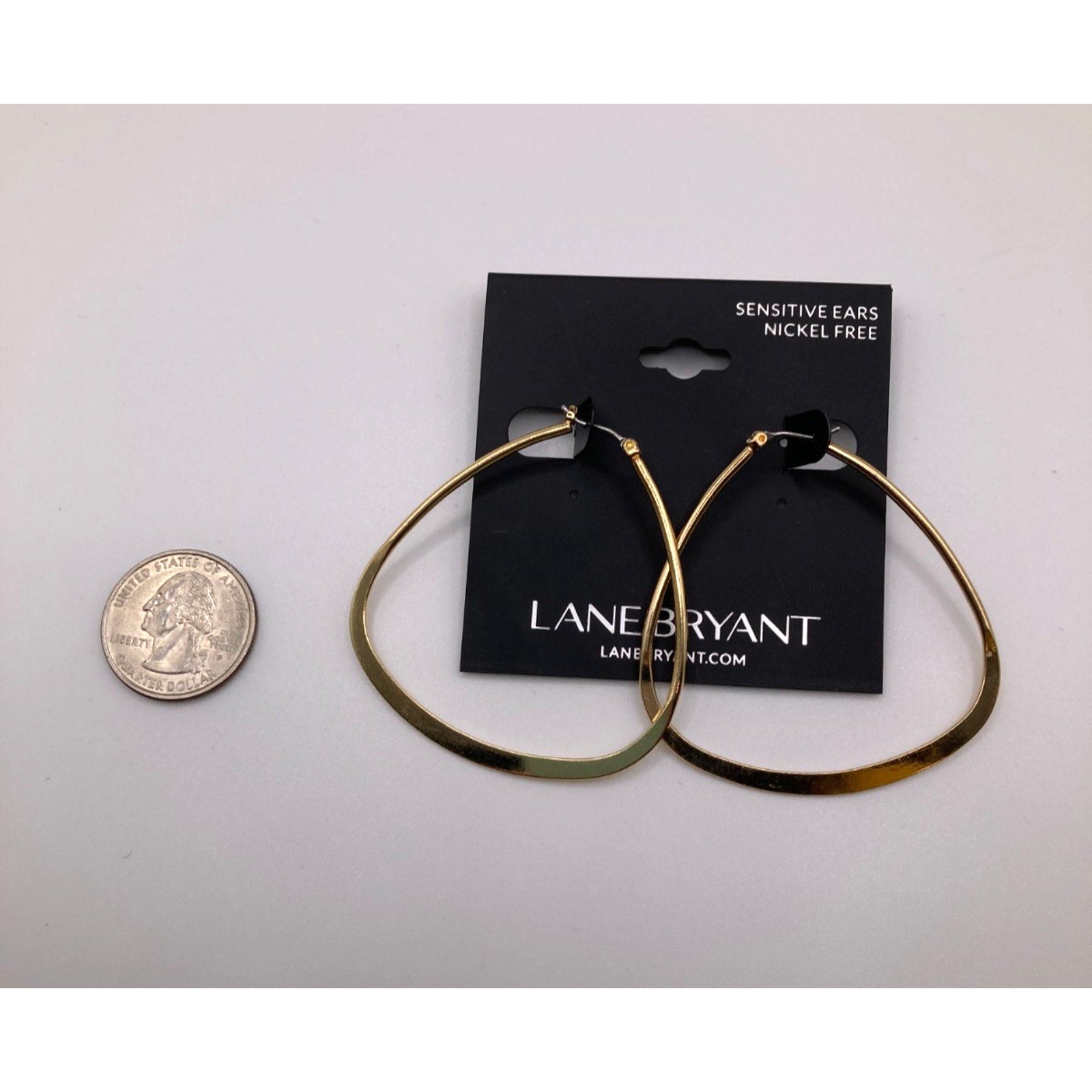 LANE BRYANT Gold Tone Dangle Hoop Triangle Teardrop Earrings 2"