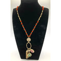 STONY Gold Tone & Red Station Necklace Flower Pendant w/ Red & Green Charms 17"