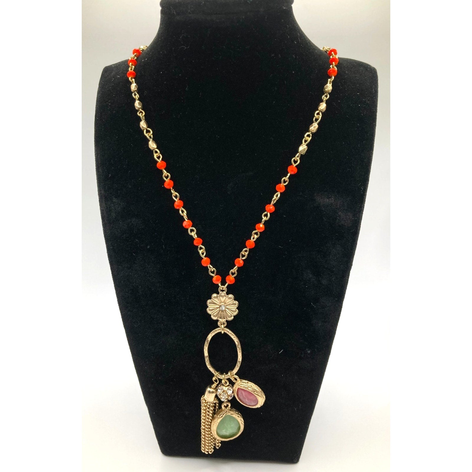 STONY Gold Tone & Red Station Necklace Flower Pendant w/ Red & Green Charms 17"