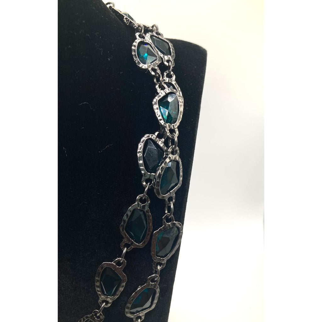 CHICO'S Greta Necklace Gunmetal Tone Tinted Aqua Blue 38" Long Layering Necklace
