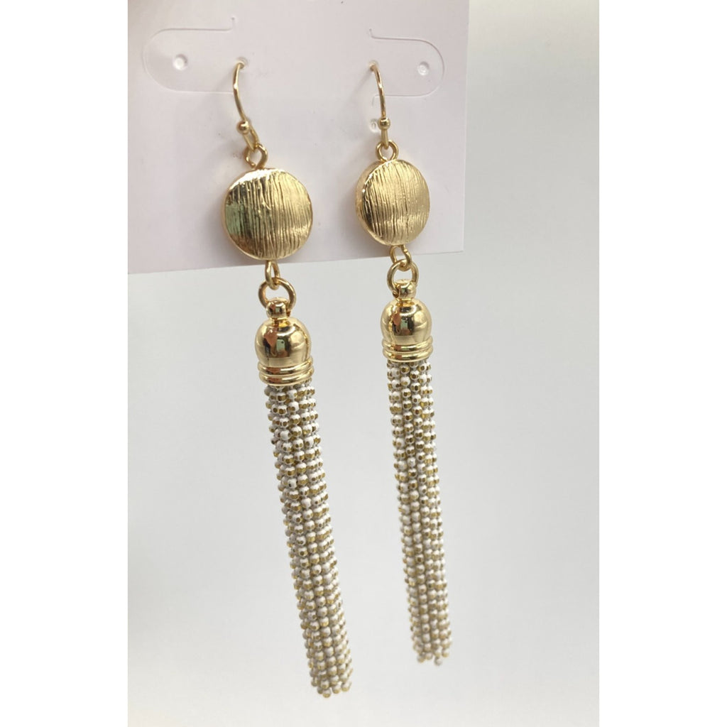 WHITE HOUSE/BLACK MARKET Gold Tone w/ White Tassel Chain Dangle Earrings~3in