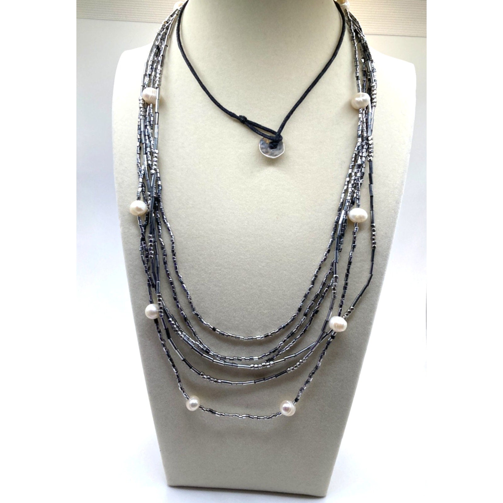 NWOT J. Jill Black Corded Gray Microbead Faux Pearls Layered Beaded Necklace