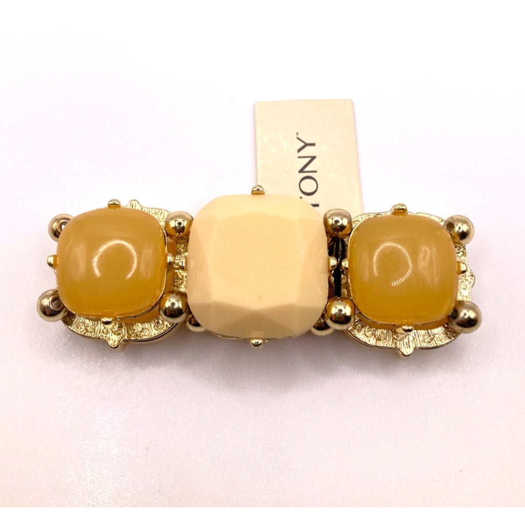 STONY Gold Tone, Melon & Cream Cabochon & Faceted Plastic Stone Stretch Bracelet