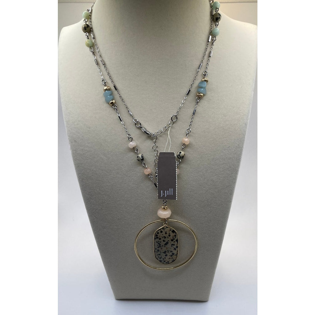 J JILL Dalmation Jasper Stone Pendant Two Tone 31" Long Necklace Beads NEW