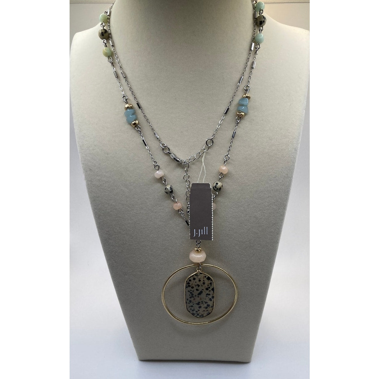 J JILL Dalmation Jasper Stone Pendant Two Tone 31" Long Necklace Beads NEW