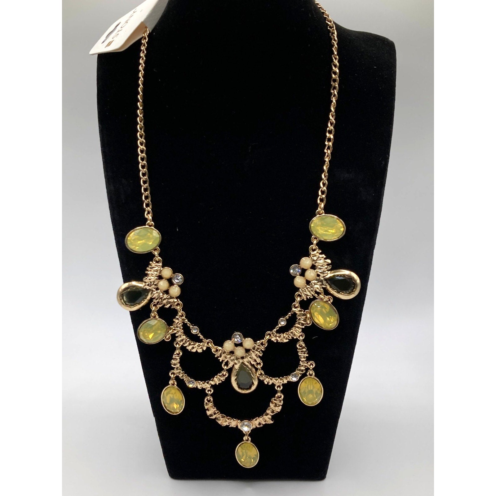 STONY Gold Tone Brutalist Statement Necklace w/ Green Teardrop Glass Stones 15"