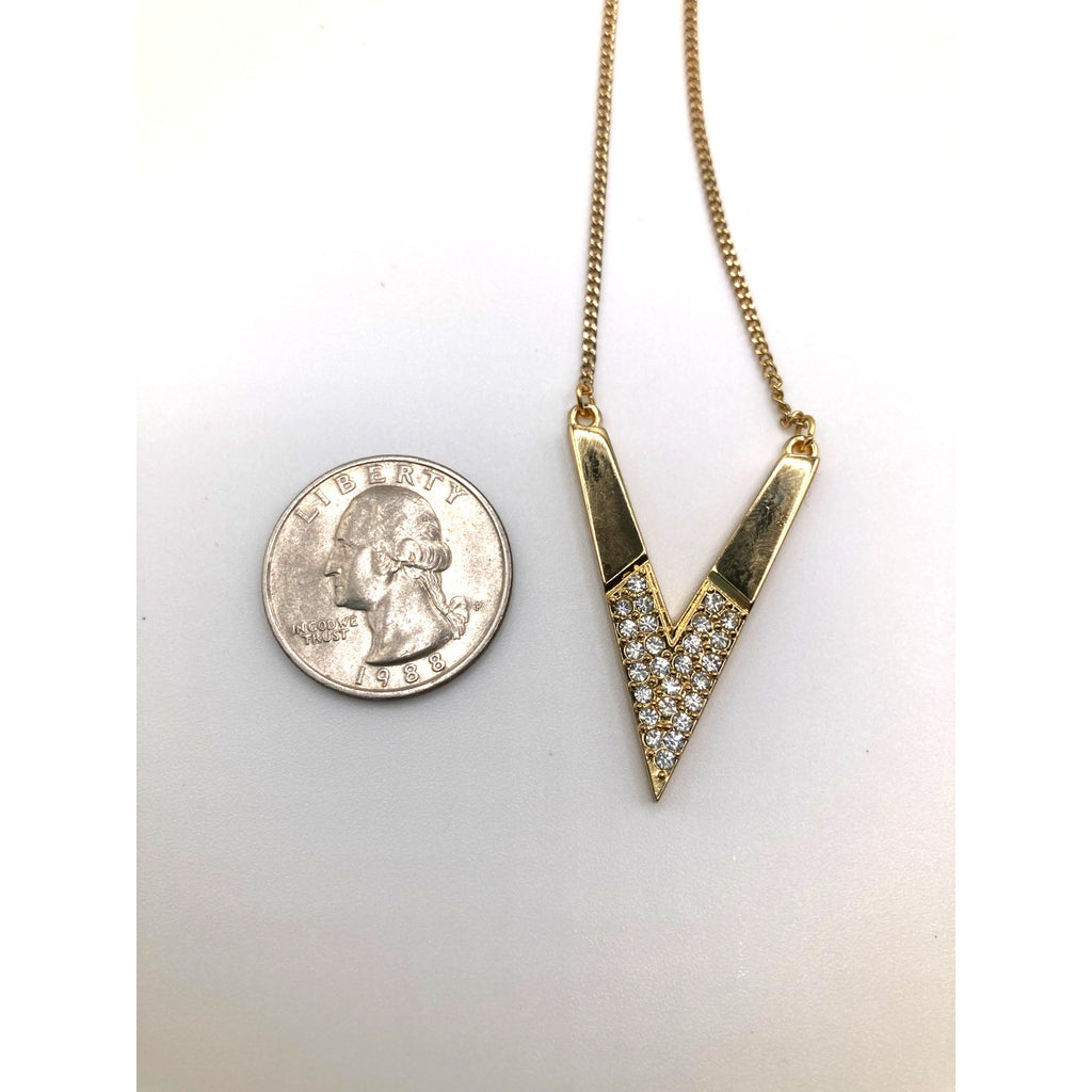 EXPRESS Gold Tone Chevron Arrow Letter V Rhinestone Accent Necklace 16" NEW