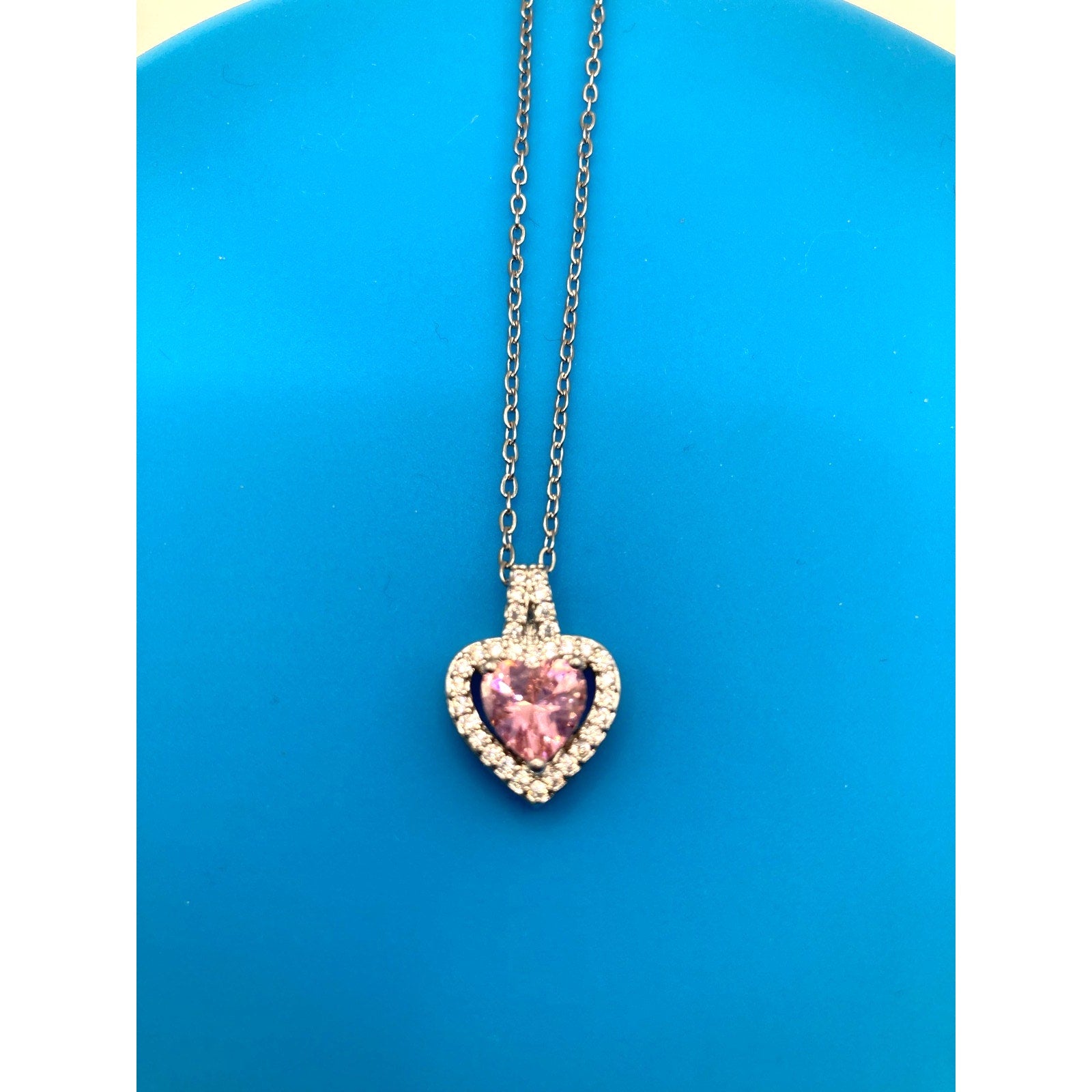 Pink Heart Crystal Silver Overlay 18" Necklace Made with SWAROVSKI Elements