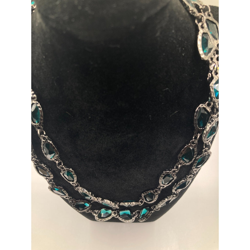 CHICO'S Greta Necklace Gunmetal Tone Tinted Aqua Blue 38" Long Layering Necklace