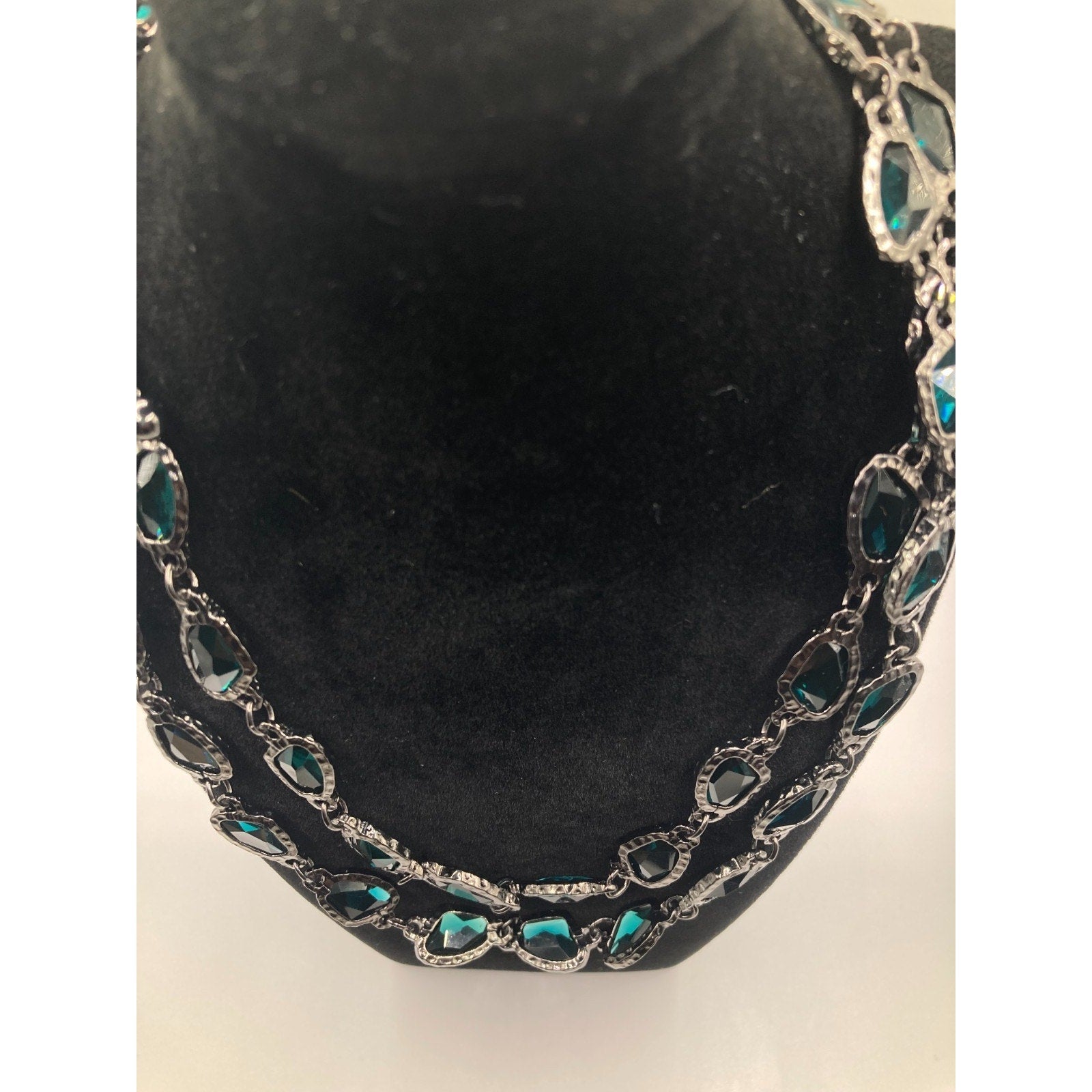 CHICO'S Greta Necklace Gunmetal Tone Tinted Aqua Blue 38" Long Layering Necklace
