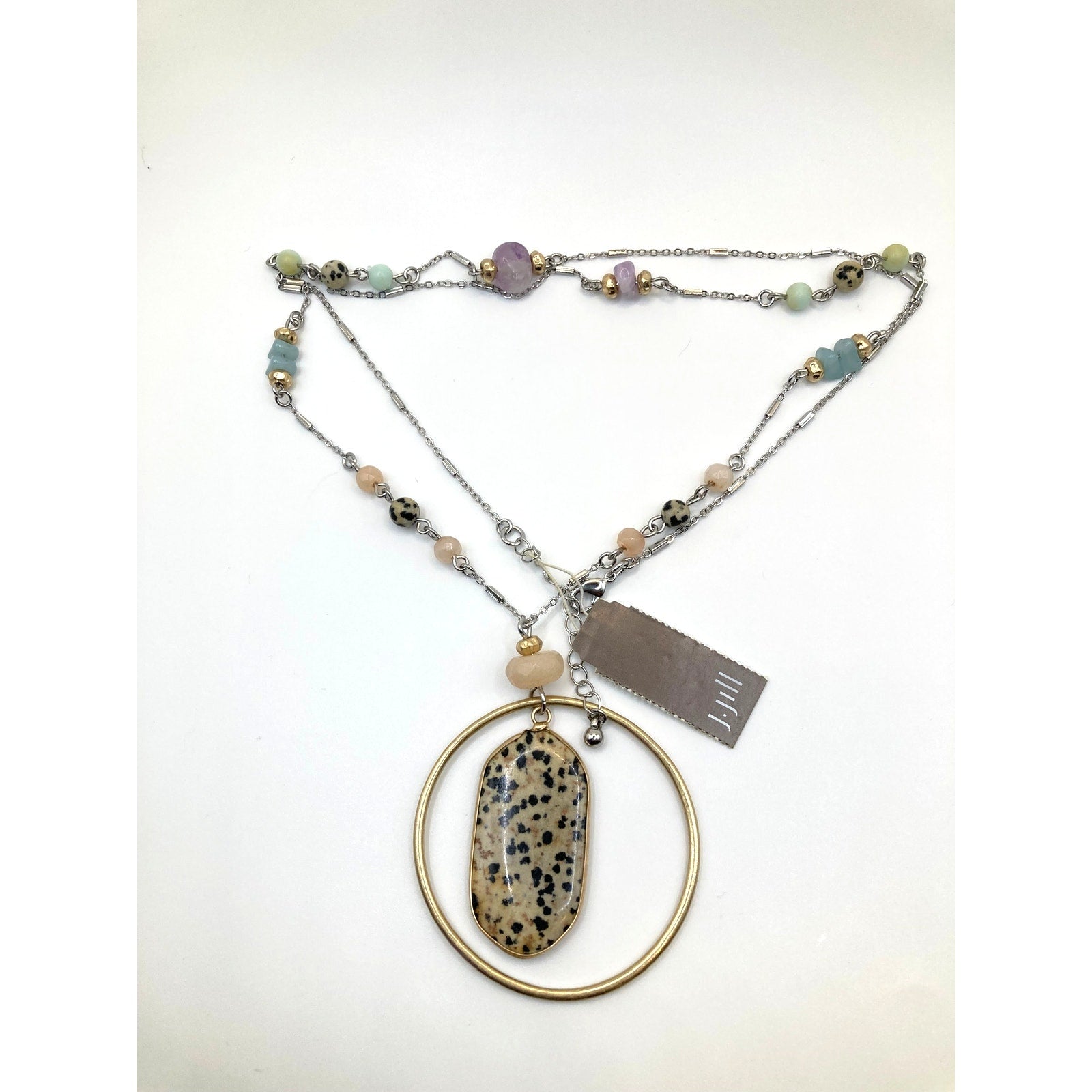 J JILL Dalmation Jasper Stone Pendant Two Tone 31" Long Necklace Beads NEW