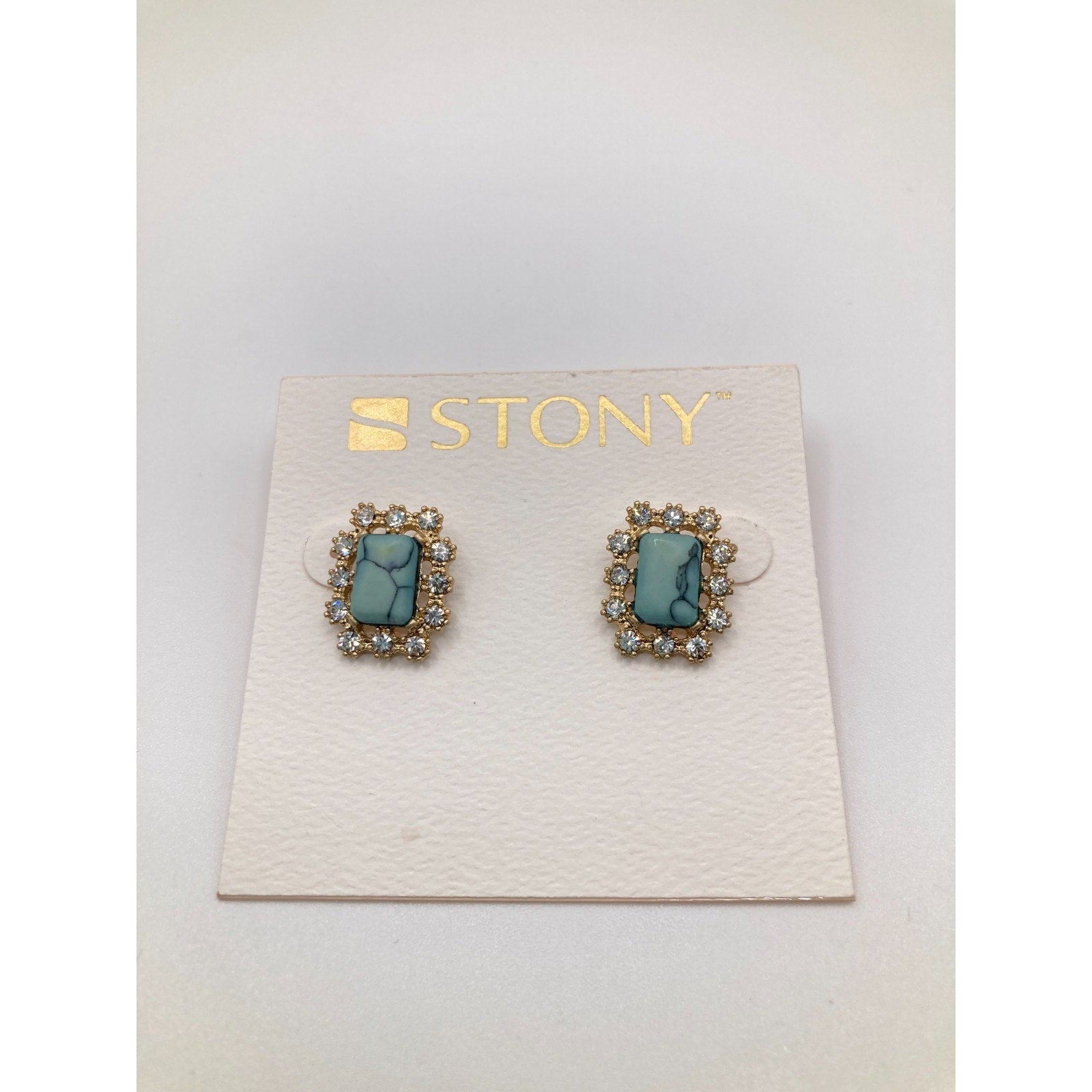STONY Gold Tone Dainty Blue Marble Faux Stone Rectangle Stud Earrings Rhinestone