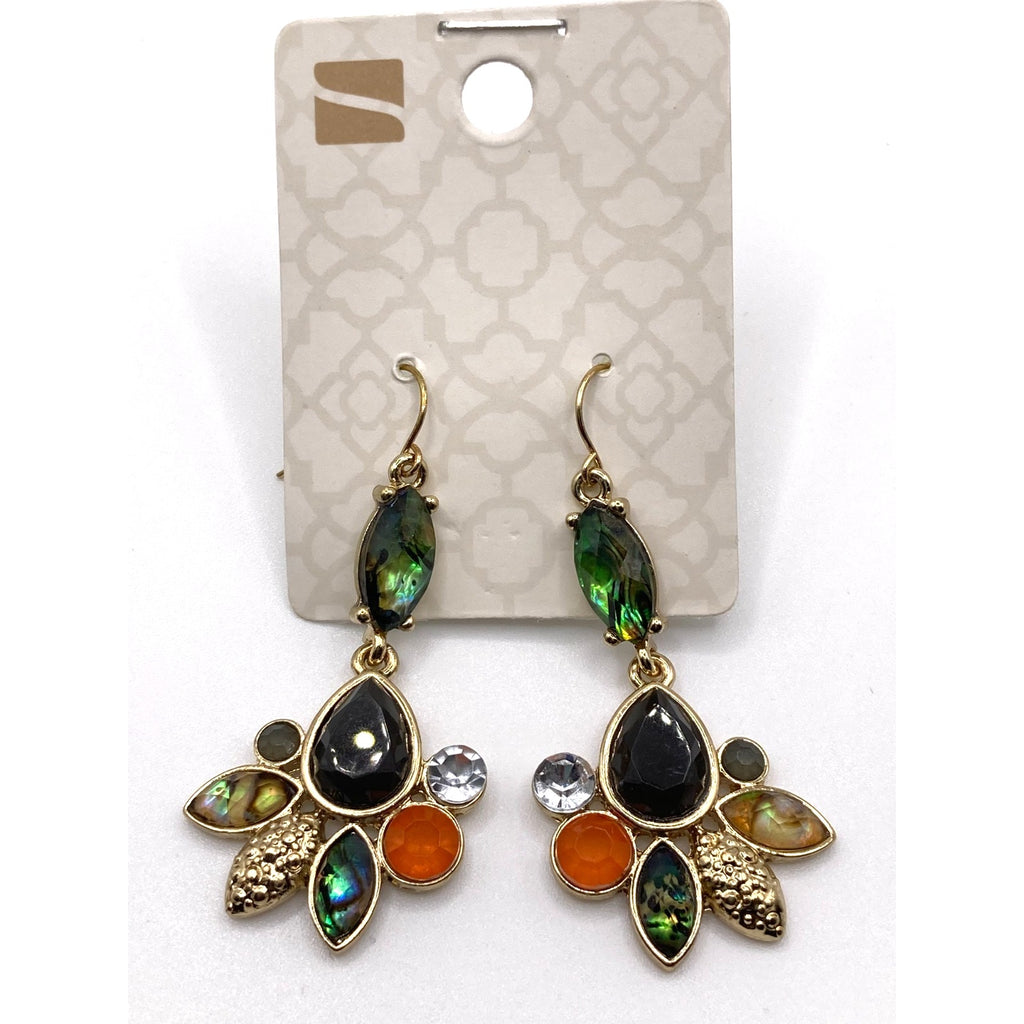 STONY Gold Tone Green Abalone Orange Aurora Borealis Faux Stones Drop Earrings