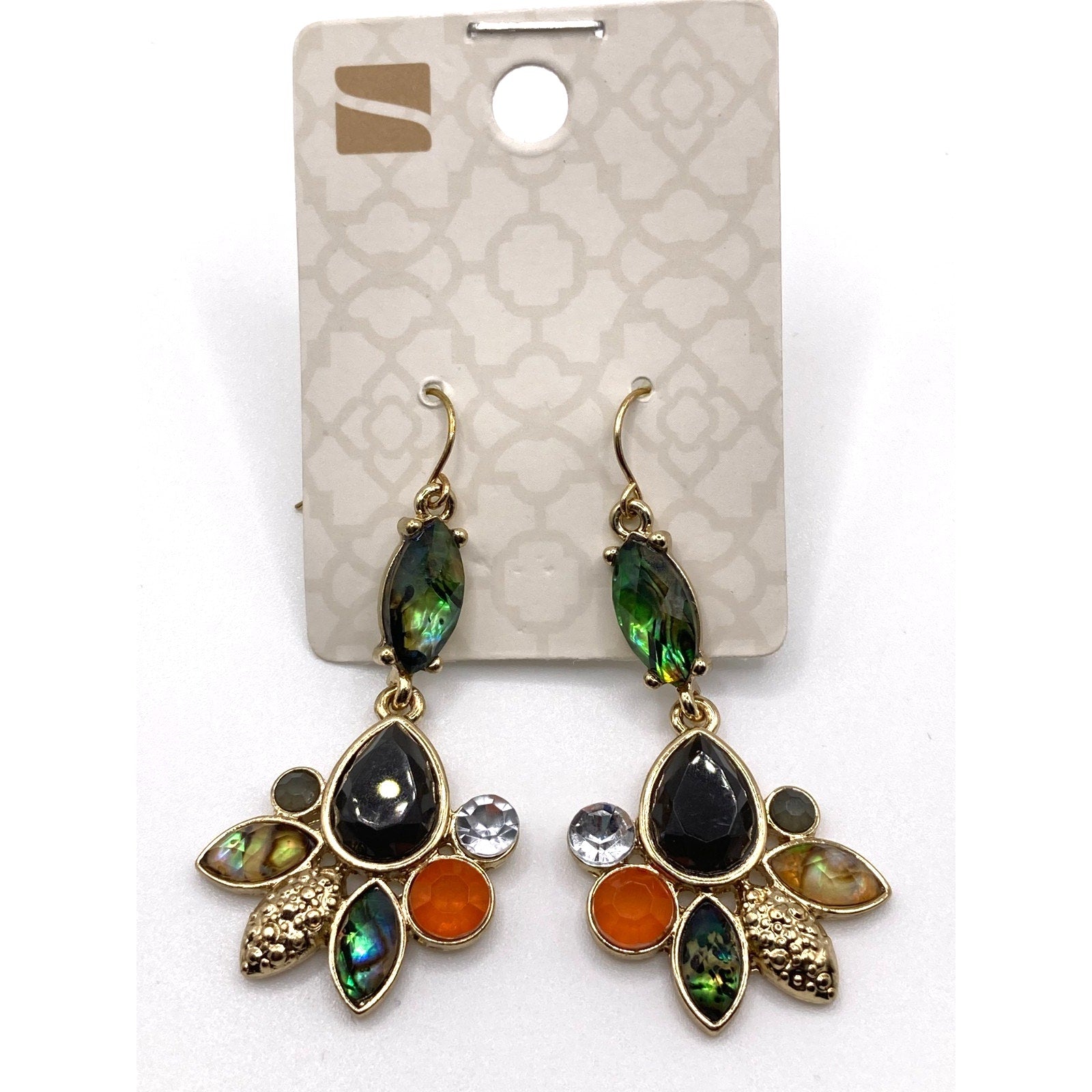 STONY Gold Tone Green Abalone Orange Aurora Borealis Faux Stones Drop Earrings