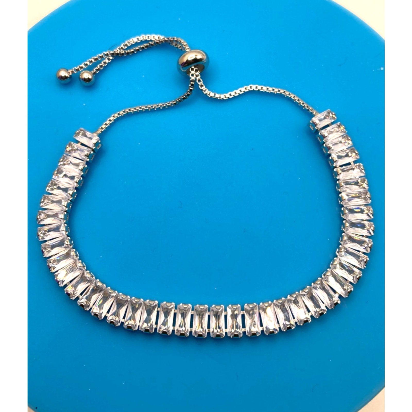 Baguette Silver Overlay Slider Tennis Bracelet Made with Swarovski Elements Sz 9