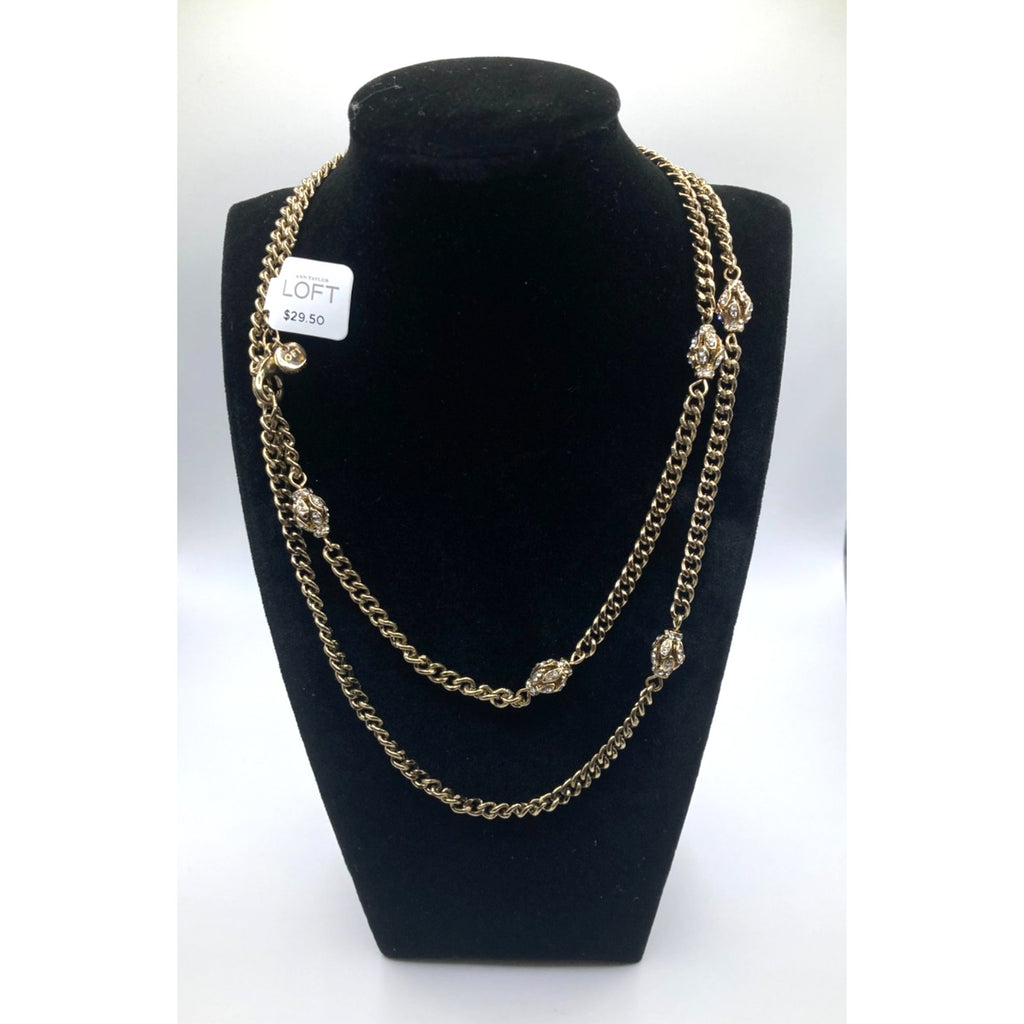 LOFT Gold Tone Vintage Inspired Rhinestone Eggs Station Curb Chain Necklace 32"