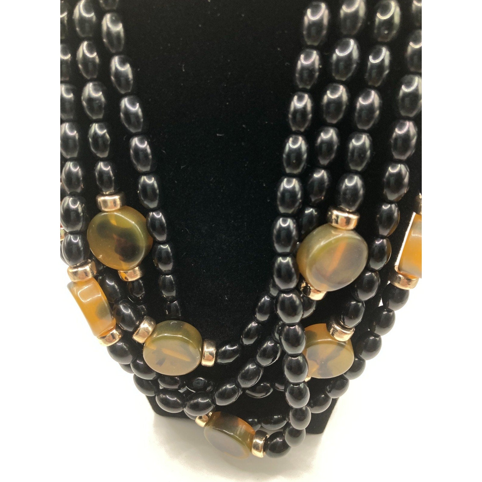 Black Beaded w/ Gold Tone Accent Multi-Strand Layered Statement Necklace 18"