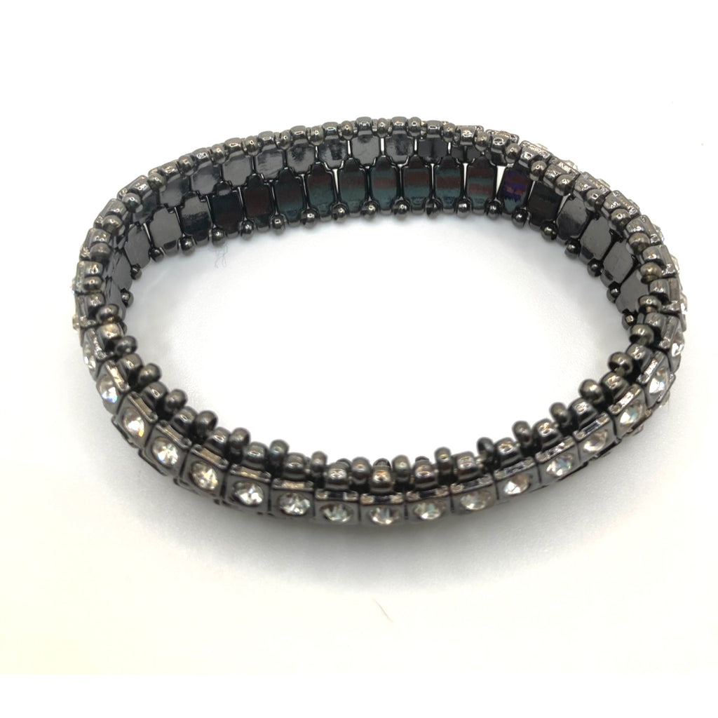CHICOS Gunmetal Black Wide 2 Row Stretch Bracelet w/ Rhinestones