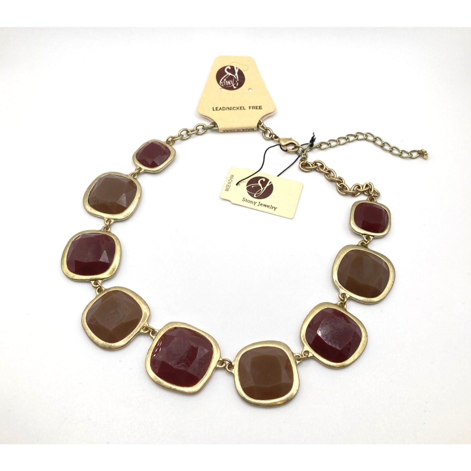 STONY Gold Tone Square Link Brown & Burgundy Acrylic Stone Station Necklace 16"
