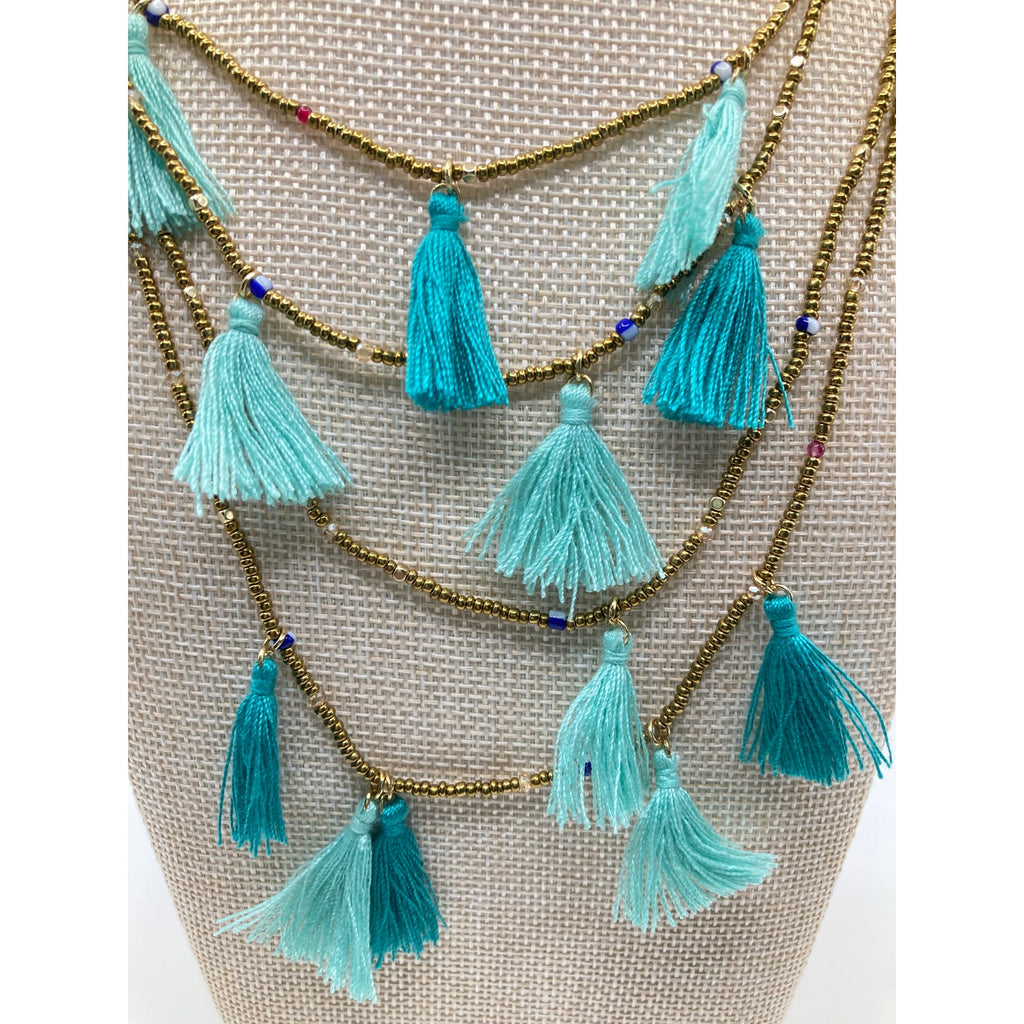 EXPRESS Layered Gold Seed Bead Teal Blue Mint Tassel Necklace Boho 14"+ NEW