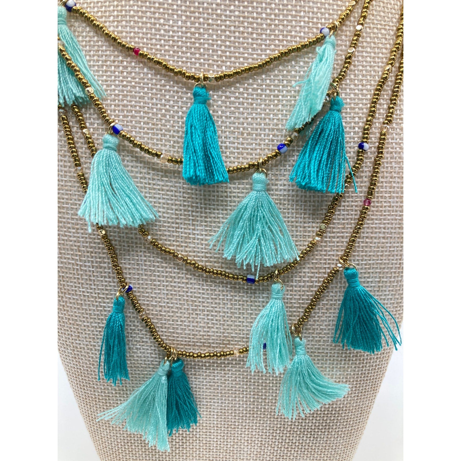 EXPRESS Layered Gold Seed Bead Teal Blue Mint Tassel Necklace Boho 14"+ NEW