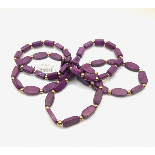 CHICO'S Purple Dyed Wooden Beads w/ Gold Tone Bead Accents Stretch Bracelet