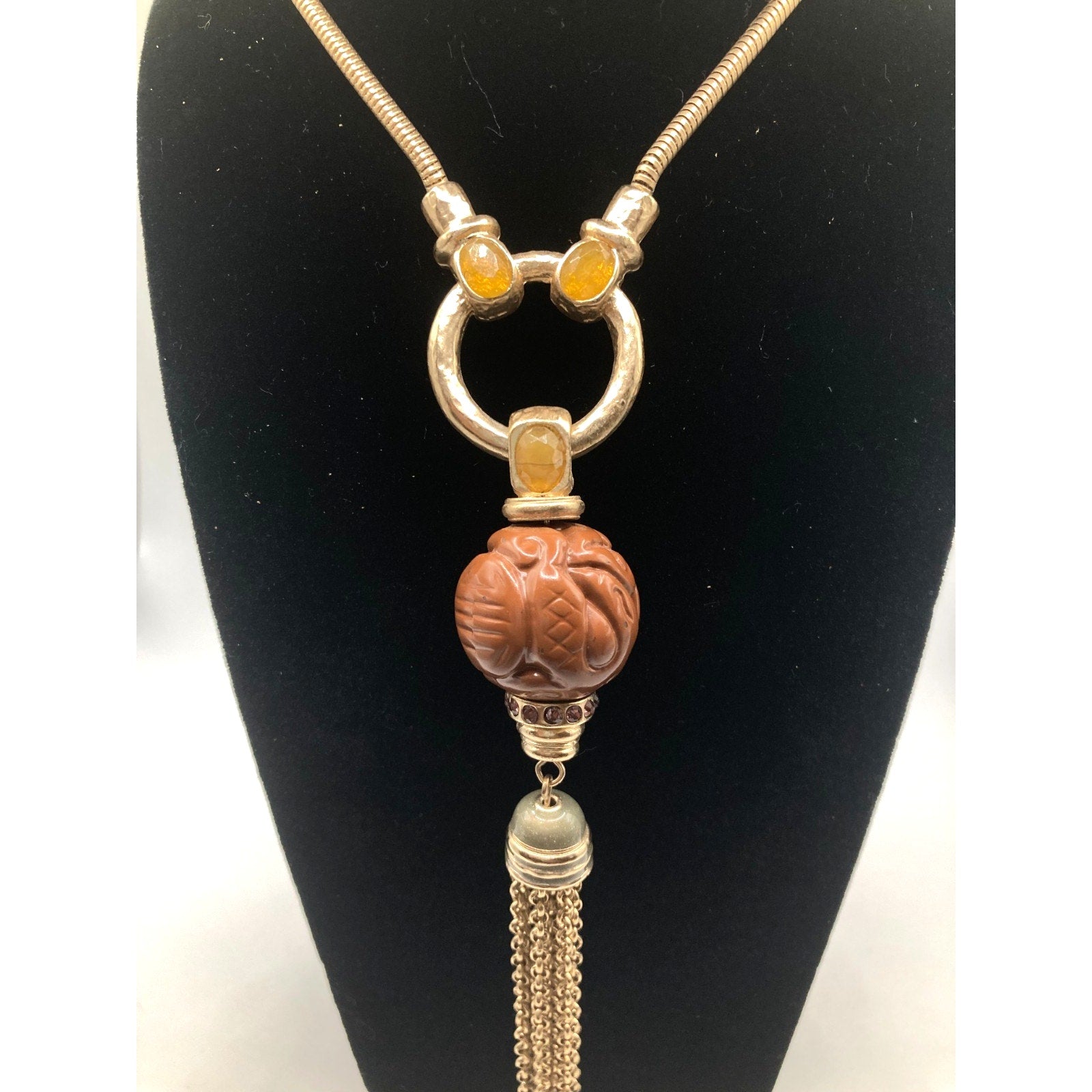 CHICO'S Stunning Gold Tone Antique-Inspired Oriental Tassel Statement Necklace