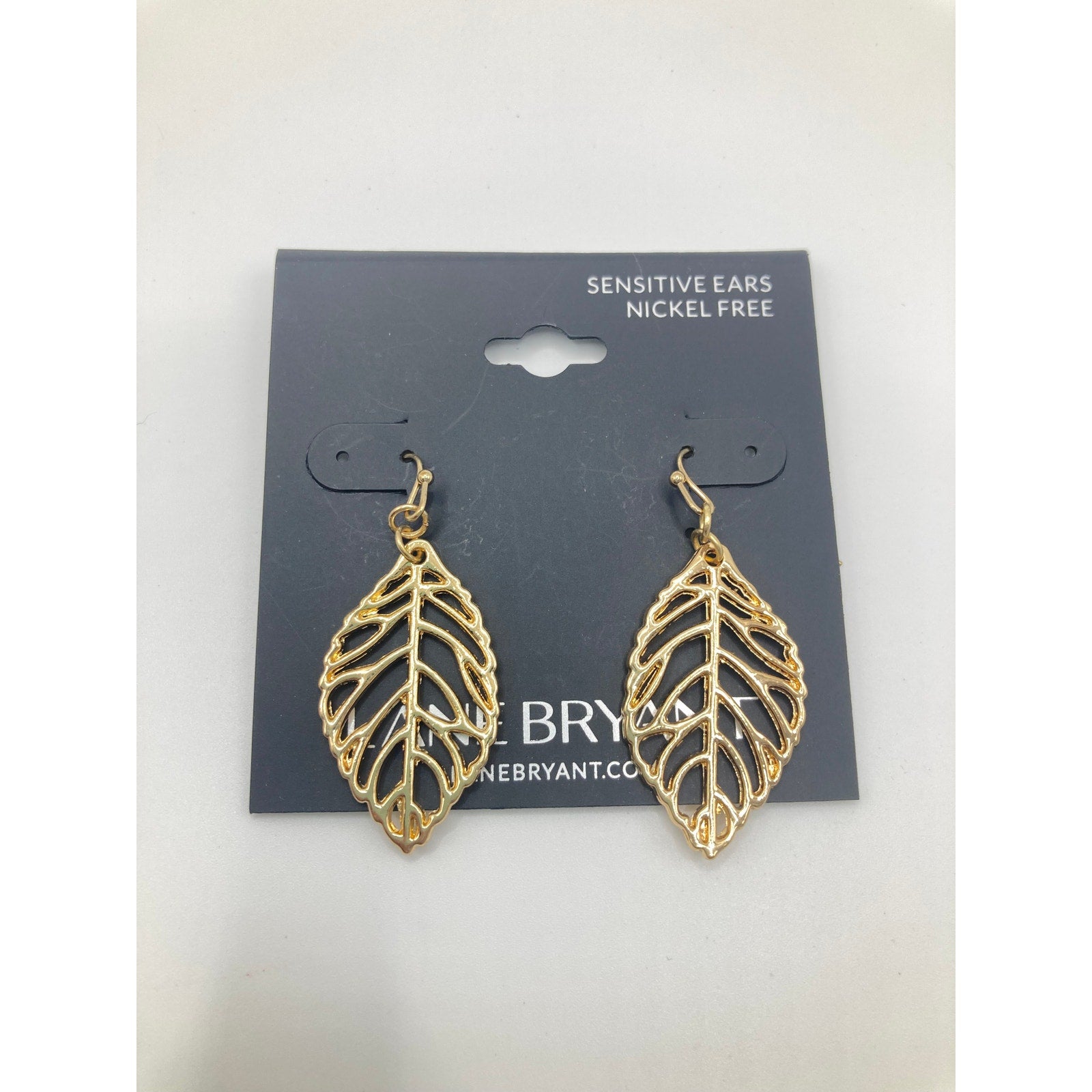LANE BRYANT Gold Tone Leaf Outline Drop Dangle Hook Earrings Tropical 1.25"