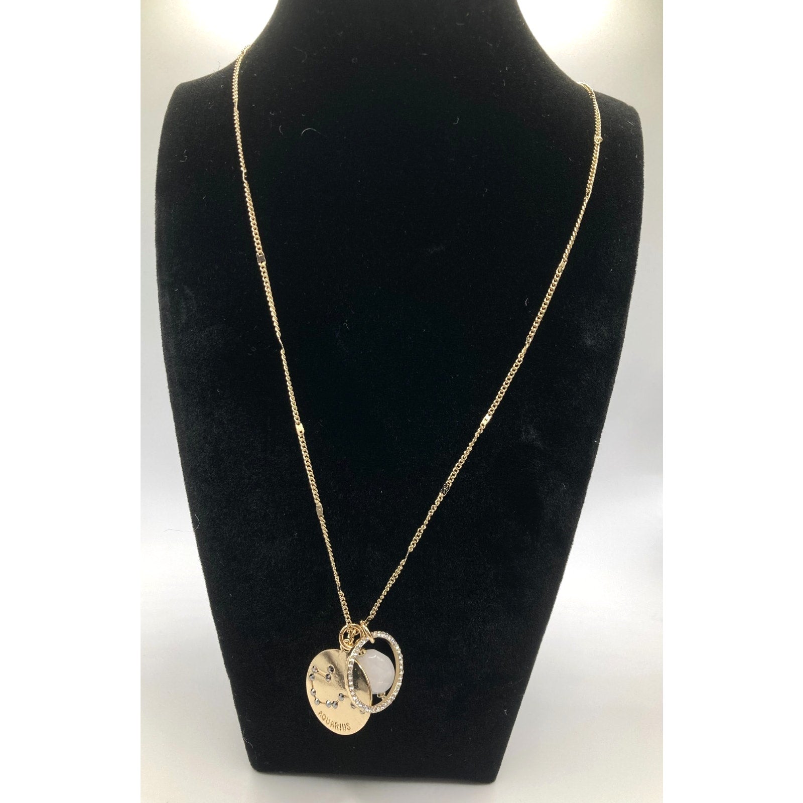 EXPRESS Zodiac Aquarius Sign Charm w/ Rhinestone Ring Gold Tone Necklace