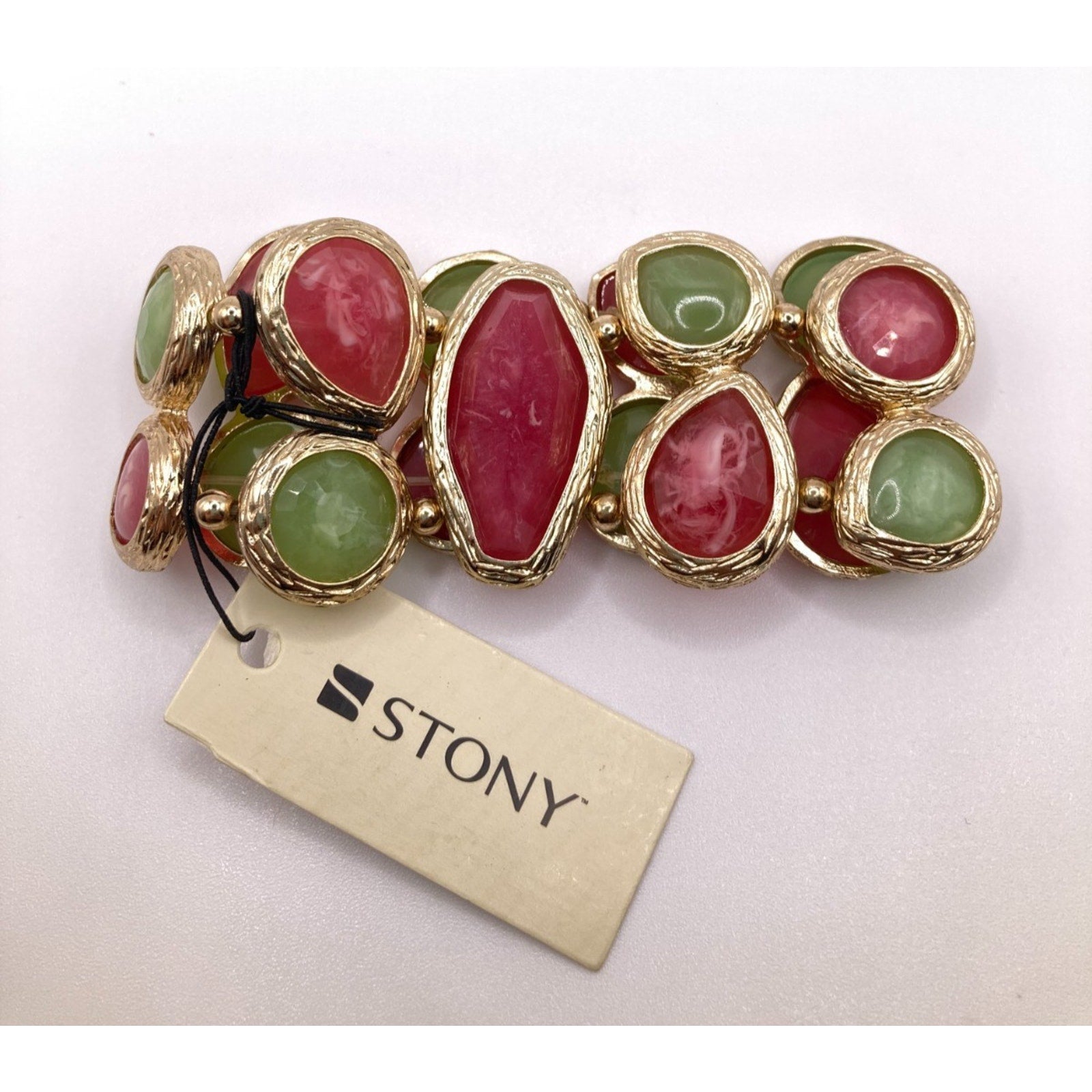 STONY Brushed Gold Tone Burgundy Red & Green 2-Row Stretch Bracelet Sz 7.5