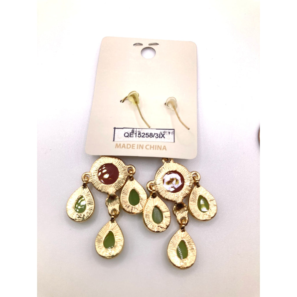 STONY Gold Tone Retro Burgundy Green Yellow Faux Cabochon Stone Drop Earrings 2"