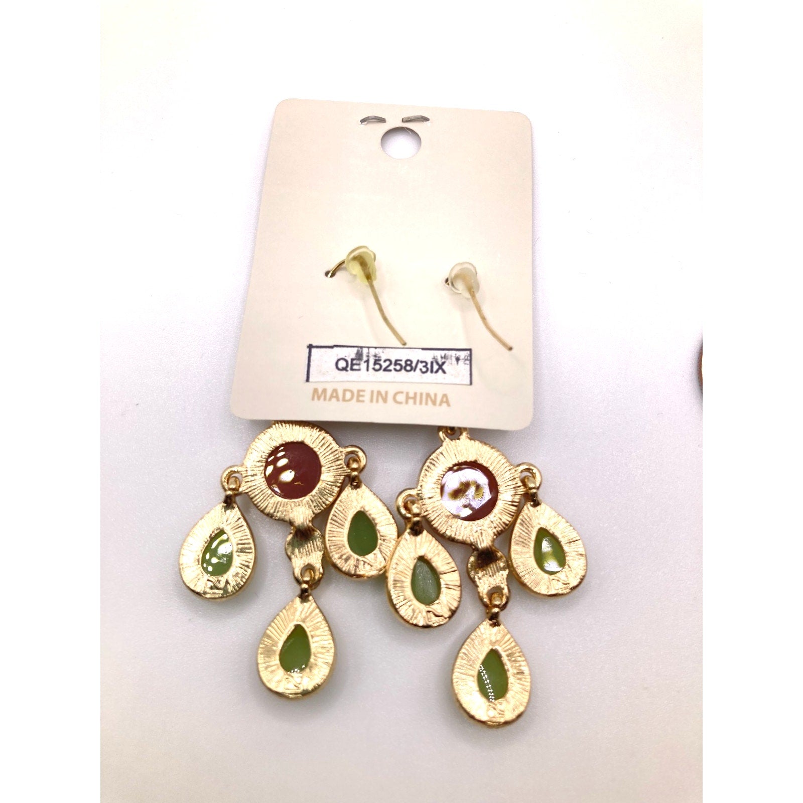 STONY Gold Tone Retro Burgundy Green Yellow Faux Cabochon Stone Drop Earrings 2"