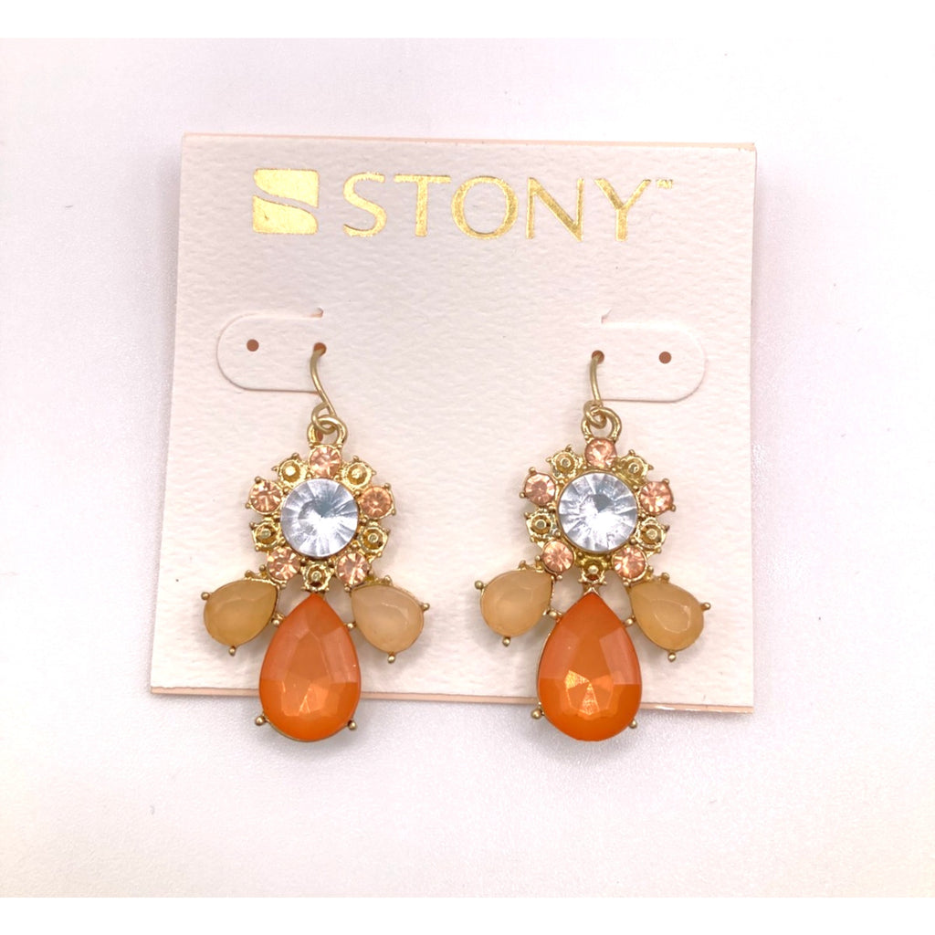 STONY Gold Tone Orange Tan & Cloudy Clear Acrylic Stone Drop Dangle Earrings 1"