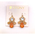 STONY Gold Tone Orange Tan & Cloudy Clear Acrylic Stone Drop Dangle Earrings 1"