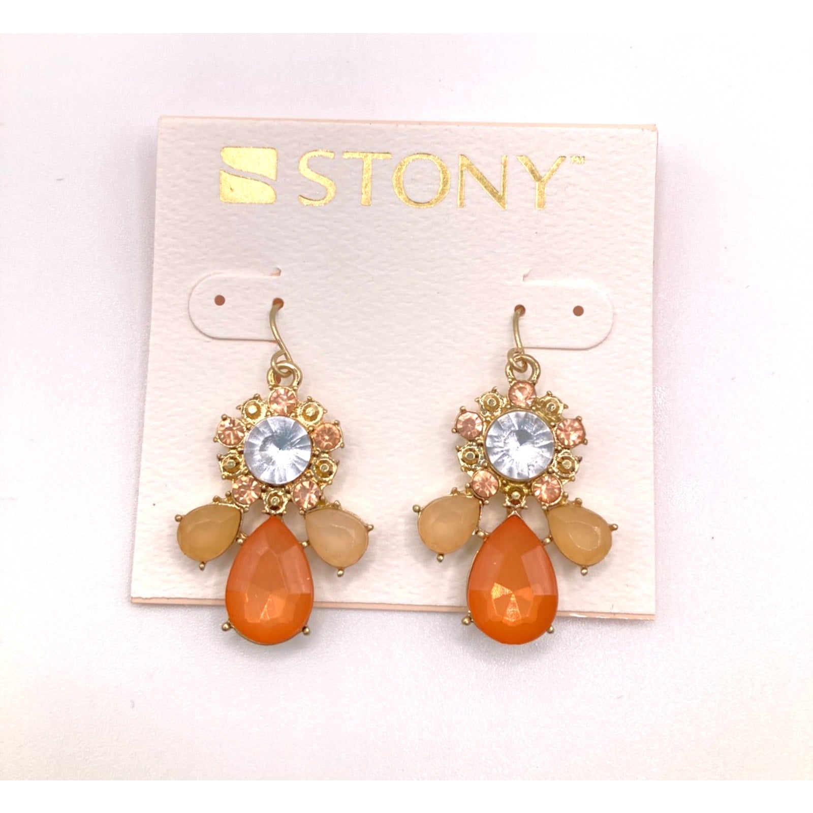 STONY Gold Tone Orange Tan & Cloudy Clear Acrylic Stone Drop Dangle Earrings 1"