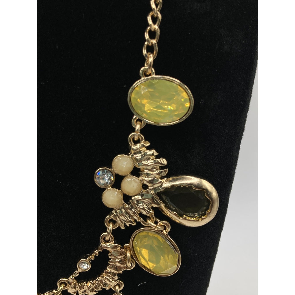 STONY Gold Tone Brutalist Statement Necklace w/ Green Teardrop Glass Stones 15"