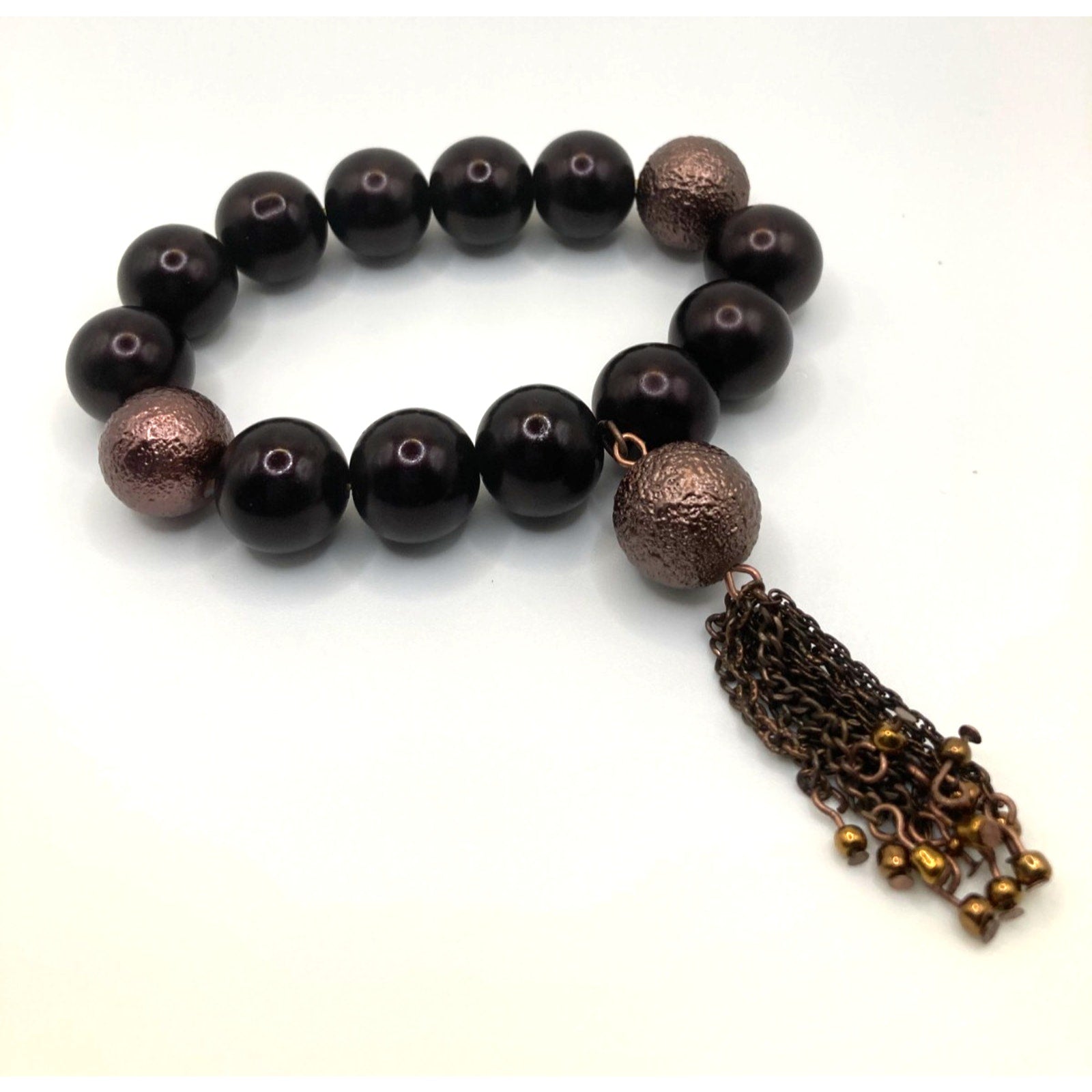 COLDWATER CREEK Chocolate Brown Large Bead Chunky Stretch Bracelet w/ Tassel
