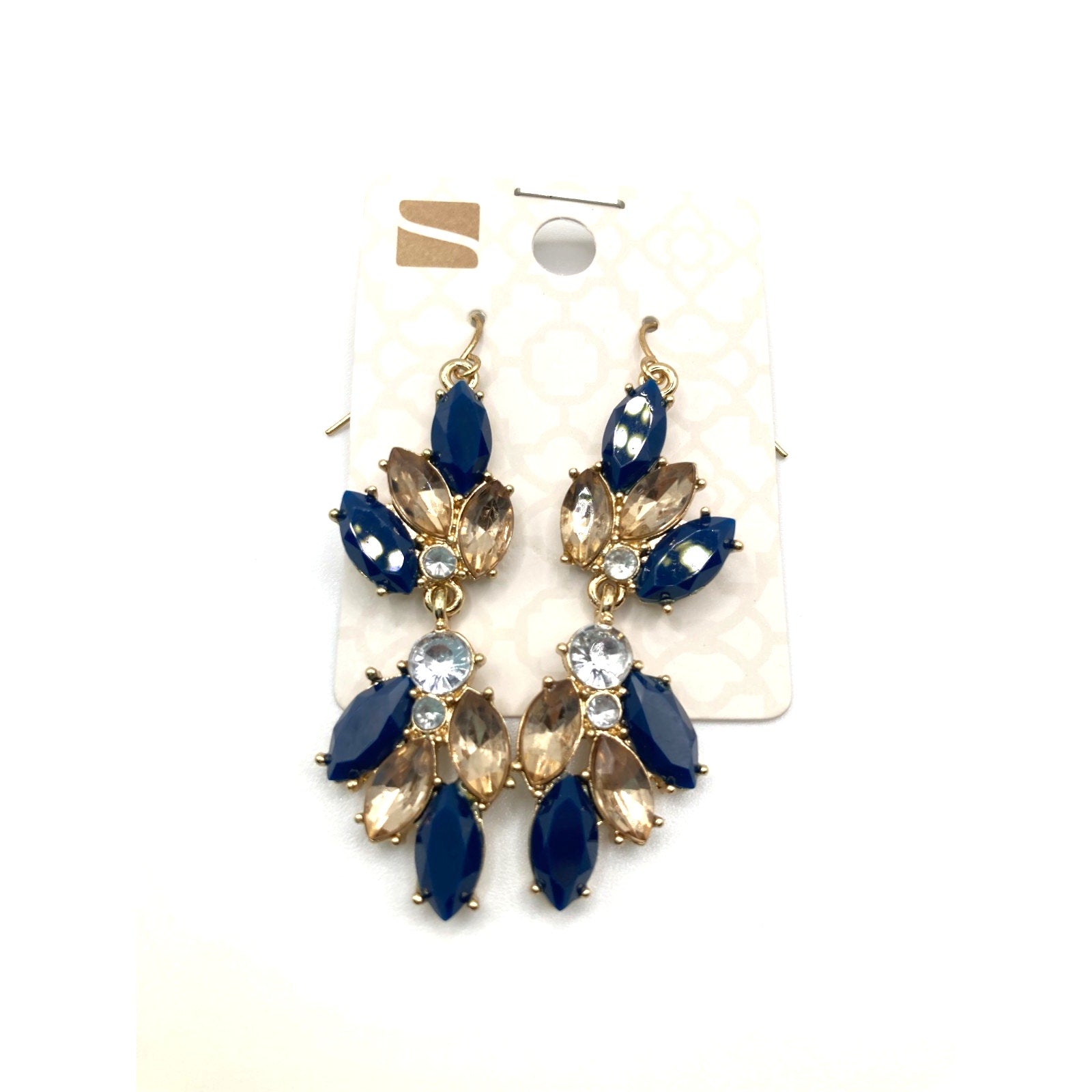 STONY Glamorous Navy Tan Champagne & Clear Crystal Dangle Drop Earrings 2"