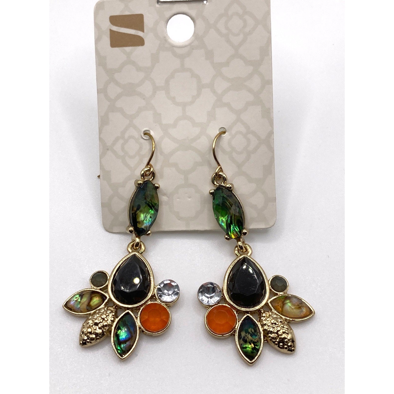 STONY Gold Tone Green Abalone Orange Aurora Borealis Faux Stones Drop Earrings