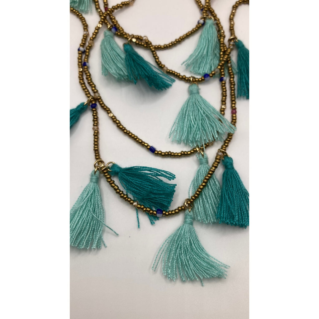 EXPRESS Layered Gold Seed Bead Teal Blue Mint Tassel Necklace Boho 14"+ NEW