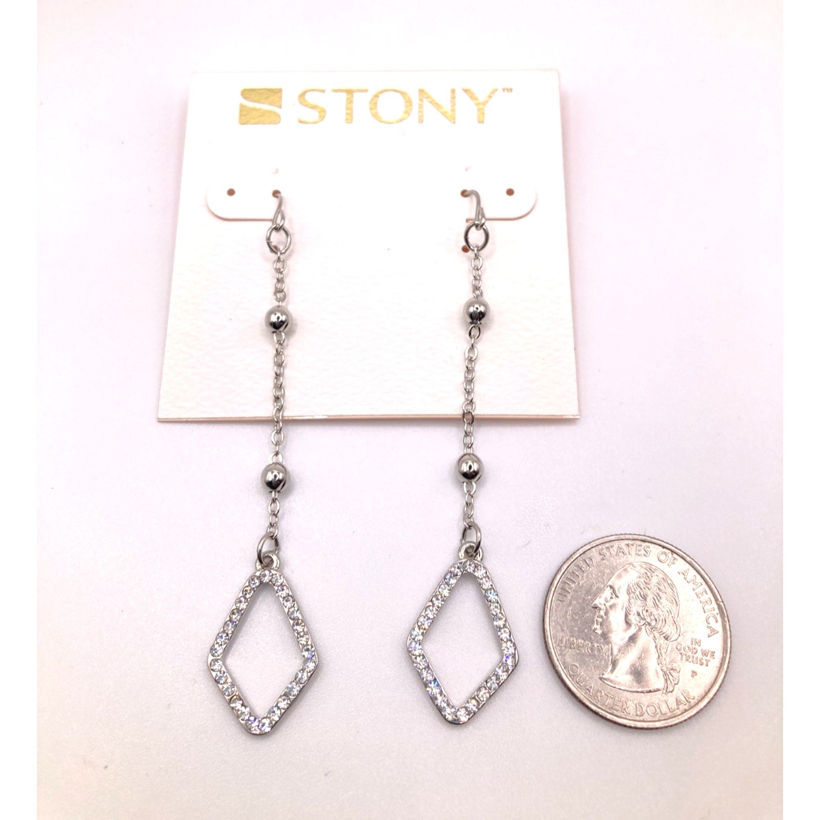 STONY Silver Tone Minimalist Rhinestone Diamond Shaped Drop Dangle Earrings 3"