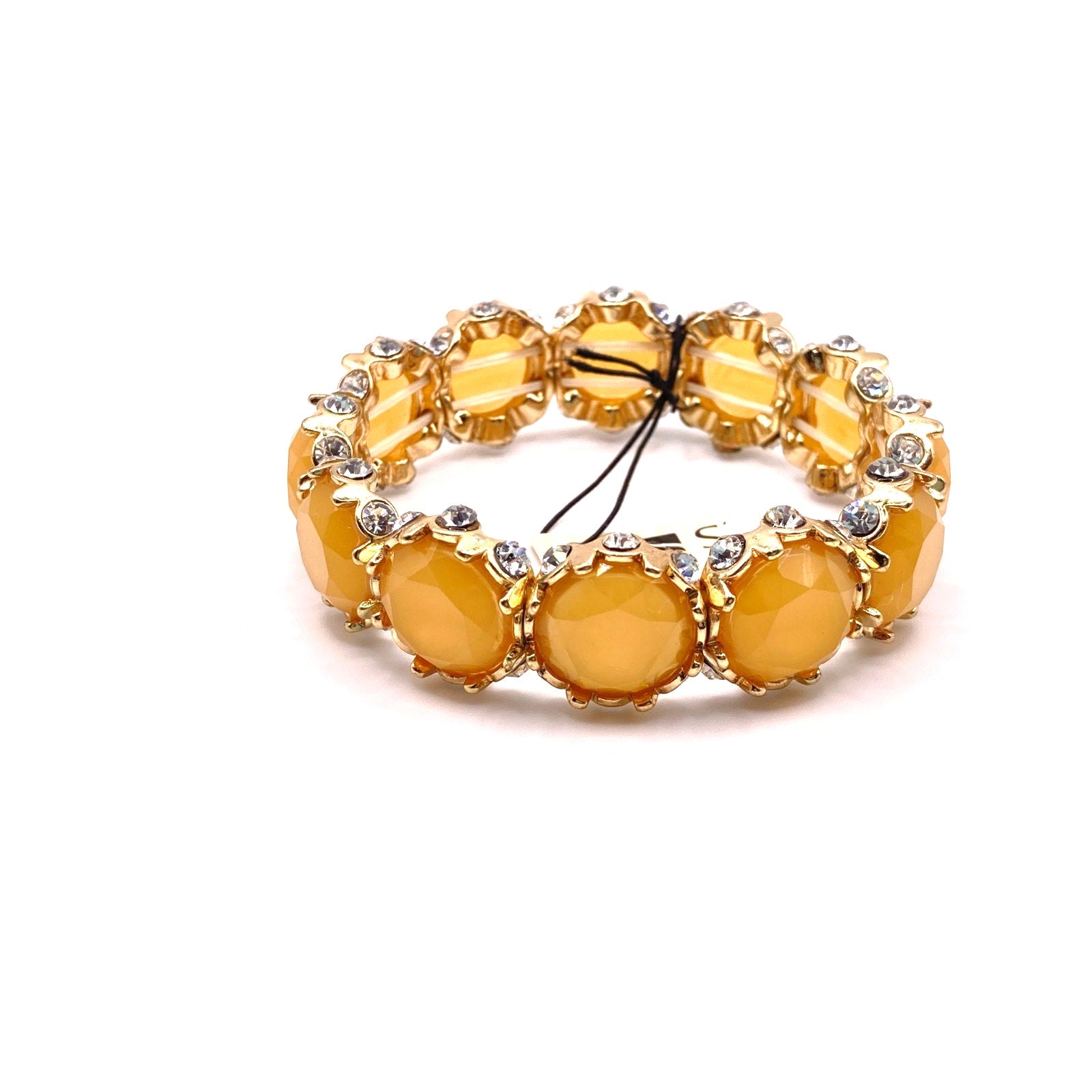 STONY Gold Tone Neutral Melon Colored Stretch Bracelet w/ Rhinestone Sz 6.5